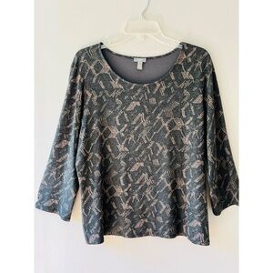 J. Jill Sz L Dark Green Stretch Top Blouse Sleeve Geometric Print Shirt Pullover